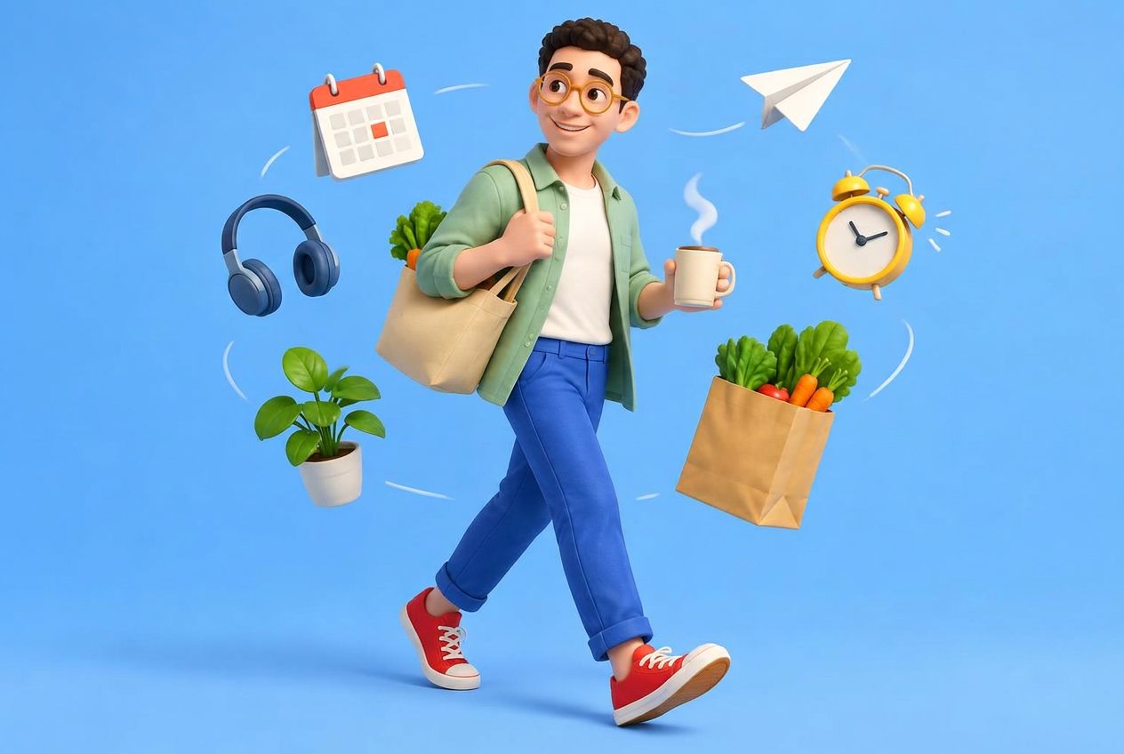 Mark walking with groceries, a coffee, and everyday tasks floating around him